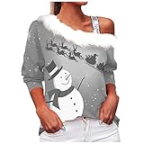Weihnachtshemden für Damen, Übergröße, niedlicher Schneemann-Druck, langärmelig, eine Schulter, T-Shirt, Rundhalsausschnitt, grafisches Oberteil, Sweatshirt, grau, 42