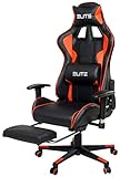 ELITE Racing Gaming Stuhl Crosshair mit Fußstütze - Bürostuhl - Kunstleder - Ergonomisch - Racer - Drehstuhl - Chair - Chefsessel - Schreibtischstuhl (Schwarz/Rot)