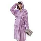 TBATM Winter Warmer Morgenmantel Für Frauen, Superweicher Plüsch Korallenfleece Damen Bademantel, Mit Gürteltasche Kapuzen Kimono Roben Für Home Shower Party Geschenke,Lila,XL