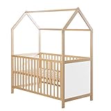 roba Hausbett 70 x 140 cm FSC zertifiziert, Kombi-Kinderbett in Hausoptik, natur, 3-fach verstellbar, Schlupfstäbe, umbaubar zum Juniorb