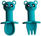 Bgfuni Silikon Kinderbesteck 2er Set, Babybesteck Gabel und Löffel BPA-frei, Beißring zum Zahnen, Beißspielzeug für Babys und Kinder, Selbstfütterndes Besteck, Trainingslöffel Gabel (Grün Panda)
