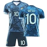 Junior-Fußball-Uniformen Kinder-Erwachsene-Team-Uniformen Nr. 10 Messi Messi 2020-21 Argentinien Auswärtstrikot Oben und unten blau T-Shirt Shorts Unisex-Fußballtrikot,