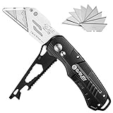 BIBURY Metall Cuttermesser, 2 in 1 Teppichmesser Profi, 3rd Generation Universal-Klappmesser, Universalmesser mit 10 SK5 Edelstahl Klingen, Safety-Lock Design - Schw