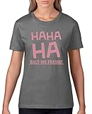 Comedy Shirts - HA HA Halt die Fresse! - Damen T-Shirt - Dunkelgrau/Rosa Gr. XS