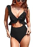 Damen-Badeanzug, Retro, einteilig, hohe Taille, Blumenmuster, gerüscht, Bauchkontrolle, bedruckt, Monokini, Bademode - Schwarz - S