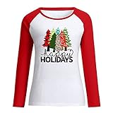 Masrin Happy Holidays Trendige Oberteile Damen T Shirt mit Weihnachtsbaum Druck Pullover mit farblich passenden Nähten Tunika mit O Ausschnitt und Langen Ärmeln Liebhab