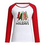 Masrin Happy Holidays Trendige Oberteile Damen T Shirt mit Weihnachtsbaum Druck Pullover mit farblich passenden Nähten Tunika mit O Ausschnitt und Langen Ärmeln Liebhab