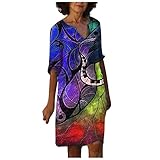 Damen Kleid Retro Drucken Sommerkleider Knielang Elegant Freizeitkleid Kurzarm A-Linie Sommer Mode Floral Maxikleider Strandkleider Blumenkleid Swing