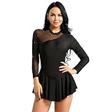 dPois Damen Langarm Tanz Kleid Ballettanzug Trikot Leotard Body Eislaufkleid mit Strass Mesh Patchwork Tanzbekleidung für Training Wettbewerb Bühne Schwarz 32-34