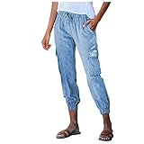 Damen Sommerhosen Solid Casual Jeans Denim Lose Hohe Taille Skinny Pants Haremshose Lässige Leicht Lockere mit Elastischem Bund Hose Jogginghose Haremshose S