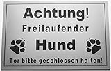Warnschild Achtung Freilaufender Hund, Tor geschlossen halten, Schild Hundeschild Silber (15x10cm 4 Löcher Ecke)