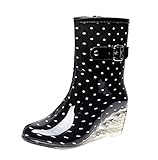LvRao Frauen Absatzschuhe Stiefel mit Reißverschluss wasserdichte Gartenschuhe | Damen Punkt-Muster Regen Boots Wellies Gummistiefeln Schwarz-Weiss Etikett 36, EU 36