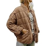 ZhaZhaMeng Damen Casual Winter Steppjacke Stehkragen Reißverschluss Bomber Baffle Jacke Oversized Langarm Puffer Jacke, hellbraun, 36