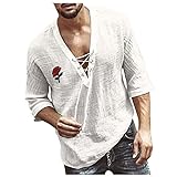 Herren Baumwolle Leinenhemd Langarm Regular Fit Freizeithemd Shirts Sommerhemd Men's Shirt Tee V-Ausschnitt Einfarbig T-Shirt für M