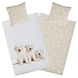 Aminata Kids Biber Bettwäsche Hund 135x200 Hunde-Pfoten-Motiv Welpen Kinder-Bettwäsche-Set Baumwolle YKK Reißverschluss - beige, weiß - Hundepfoten Hundewelpen Flanell Hundebettwäsche-Set H