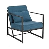 Mingone Gepolsterter Sessel, Retro-Stuhl Lounge Chair Einzelsessel mit Metallrahmen und Leinen für Esszimmer Wohnzimmer Empfangsbereich (Blau, 60 x 72 x 72 cm)