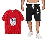 Tomwell Herren A_ttacke On Titan T-Shirt und Kurze Hose Set Ackermann AOT Scouting Legion Aufklärungstrupp Anime Cosplay Tops Sweatpants Trainingsanzug Sportswear Set Rot XXL