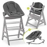 Hauck Alpha Plus Newborn Set mit Premium Bouncer - Baby Holz Hochstuhl ab Geburt mit Liegefunktion - extra flacher Aufsatz für Neugeborene & Baumwolle Sitzpolster - Grau Dunkelg