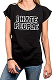 MAKAYA Lustiges Sprüche T-Shirt Damen - I Hate People - Ich Hasse Menschen Kurzarm Top Schwarz Rundhals Oversize Oberteil in Großen Größen Gr. XXXL