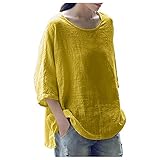 MEITING Leinenbluse Damen Rundhals Bluse Damen Sommer Tunika V-Ausschnitt Große Größen Blusenshirt Damen Langarmshirt Leinen Baumwolle Hemd Oberteile Einfarbig S