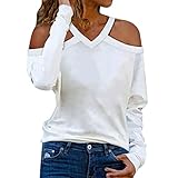 MRULIC Damen Pullover Langarmshirt V-Ausschnitt Einfarbig Off Shoulder Langarm Casual Loose T-Shirt Bluse Tops Oberteile Basic Shirts(A1 Weiß,M)