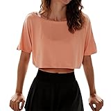 Frauen Sommer Sport T-Shirt O Hals Fast Dry Laufen Fitness Yoga Nabel Expose Lose Short Crop Tops (Gelb, L)