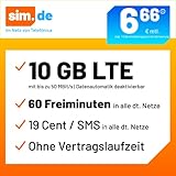 Handyvertrag sim.de LTE 10 GB - ohne Vertragslaufzeit (Flat Internet 10 GB LTE mit max. 50 MBit/s mit deaktivierbarer Datenautomatik, 60 Freiminuten, 19 Cent pro SMS und EU-Ausland, 6,66 Euro/Monat)