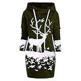 ReooLy Damen Weihnachten Monochrome Reindeer Druck mit Kapuze Kordelzug Minikleid mit Kapuze Strickjacke-Kleid（Grün/Medium）