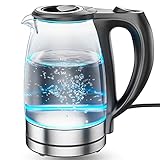 Dreamhigh Wasserkocher Glas, 1,7 L Glaswasserkocher mit Blauer LED-Anzeigelampe, BPA frei Teekessel mit Automatischer Abschaltung und Trocknungsschutz, 2200 Watt, 360°-Sock