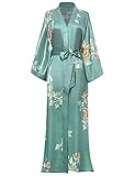 BABEYOND Damen Morgenmantel Maxi Lang Seide Satin Sommer Kimono Kleid Klassisch Blumen Muster Kimono Bademantel Damen Lange Robe Blumen Schlafmantel Girl Pajama Party (1-Silber Grün)