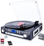 DIGITNOW! Vinyl Plattenspieler Bluetooth Plattenspieler Schallplattenspieler mit Stereo Lautsprechern ,Plattenspieler 3 Geschwindigkeiten, Stützen Kassette |AM / FM Radio| Vinyl to MP3 USB-Codierung