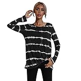 Mode Tie-Dye Streifen Langarm T-Shirt Rundhals Lose Casual Frauen Bluse Knoten Twist Vorne Lange Saum Top, Schwarz , X-Larg