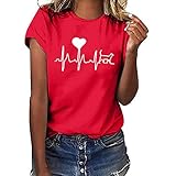 Herzschlag gedruckt T-Shirt Frauen Tops Sommer Kurzarm Basic Pullover Casual Herz Katze Motiv Tunika Tunika O-Ausschnitt lose Bluse (L,Z2 Rot)