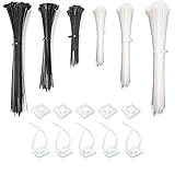 Magiccute 300 Stück Kabelbinder Set Schwarz und Weiß 250/150/100 mm Nylon, Kabelbinderhalter 50 Stück, UV Beständig, Premiumqualität Lang Kabelbinder Schwarz und Kabelbinder Weiß