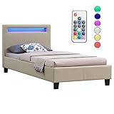 CARO-Möbel Polsterbett Mandalay mit LED Beleuchtung Einzelbett Lederbett 90 x 200 cm mit Lattenrahmen, Lederimitat in beig