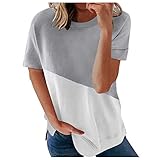 JJsmile Damen Kurzarm T-Shirt Lose Rundhals Zweifarbige Sommer Schlank Casual Bluse Tops Bequem Mädchen Atmungsaktiv Ob