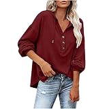 WANGTIANXUE Damen Herbstliches Langarmshirt mit V-Ausschnitt und Knöpfen Kapuzenpullover, Kapuzenpullover Damen Knopfleiste Leichter Pullover für den Herb