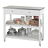 SoBuy® FKW47-W Küchenwagen mit Edelstahlplatte Servierwagen Küchenregal mit 4 Rollen Flurschrank Sideboard Beistelltisch mit 2 Schubladen und 2 Ablagen 100x45x92