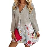 Herbst Und Winter Casual Fashion Damen V-Ausschnitt Blumendruck Langarm Pullover Loses T-Shirt DüNne Jacke Lange A-Linie Big Swing Shirt D