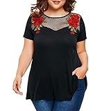 MRULIC Damen Große Größen Tunika T-Shirt Applique Tops Schwarzes Elegant Spitzenoberteil Sommer T-Shirt(Schwarz,EU-50/CN-5XL)