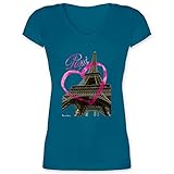 Stadt und City Outfit - I Love Paris - M - Türkis - Shirt Paris Damen - XO1525 - Damen T-Shirt mit V