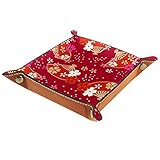 Valet Tray Leder Organizer Rot Japanischer Fächer Blumendruck Controller Schlüssel Uhren Münzen Schmuck Aufbewahrungsbox für Nachttisch Kommode Schreibtisch Zuhause Küche Bü