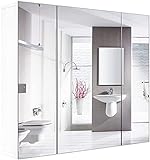 Spiegelschrank Badspiegel Schrank aus Holz mit 3 Türen und verstellbaren Einlegeböden mit Vollspiegel für Badezimmer Schlafzimmer Weiß 70x60x15