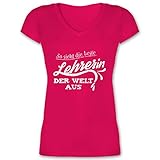 Sprüche Statement mit Spruch - So Sieht die Beste Lehrerin der Welt aus - M - Fuchsia - t Shirt mit Lehrer sprüche - XO1525 - Damen T-Shirt mit V