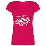 Sprüche Statement mit Spruch - So Sieht die Beste Lehrerin der Welt aus - S - Fuchsia - Statement t-Shirts Damen - XO1525 - Damen T-Shirt mit V