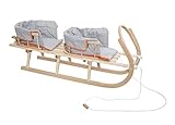 Schlitten Duo aus Holz Holzschlitten für Zwei Kinder mit Zwei Rückenlehne Rodelschlitten Davoser Schlitten aus Holz mit einem Sicherheitsgurt, Rückenlehne, Matratze für Kinder und Erwachsene (Grau)