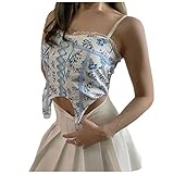 Y2K Crop Tops Damen, Teenager Mädchen Y2K Fashion Spitze Blumen V-Ausschnitt Spaghetti Top Sexy Tie Up 90er Ärmelloses Bauchfrei Tank Top Weste Bluse Frauen Cami Shirt Kurze Oberteil (Blau,M)