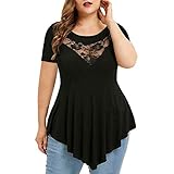 LOPILY Spitzenbluse Damen Große Größen Wasserfall Oberteil Mesh Einsatz Blumendruck Bluse Asymmetrisch Volant Saum Langarmshirt Elegant Abendmode für Mollige Reizvoll Tops Party O