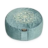 DiMonde Zafu Meditationskissen Yogakissen Rund - Buchweizenschälen - Waschbarer Bezug mit Griff - Baumwolletasche - Mandala - Sitzhöhe 13 cm Durchmesser 33 cm (grün)