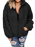 nicticsi Damen Revers Plüschjacke Mantel mit Tasche und Reißverschluss Langarm Pullover Einfarbig Casual Winterjacke Kurzmantel Warm Cardigan Herbst Winter Schwarz XL